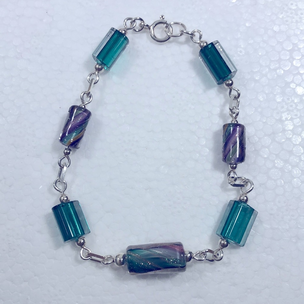 ARTISAN LAMPWORK PEACOCK COLOR BRACELET STERLING SILVER